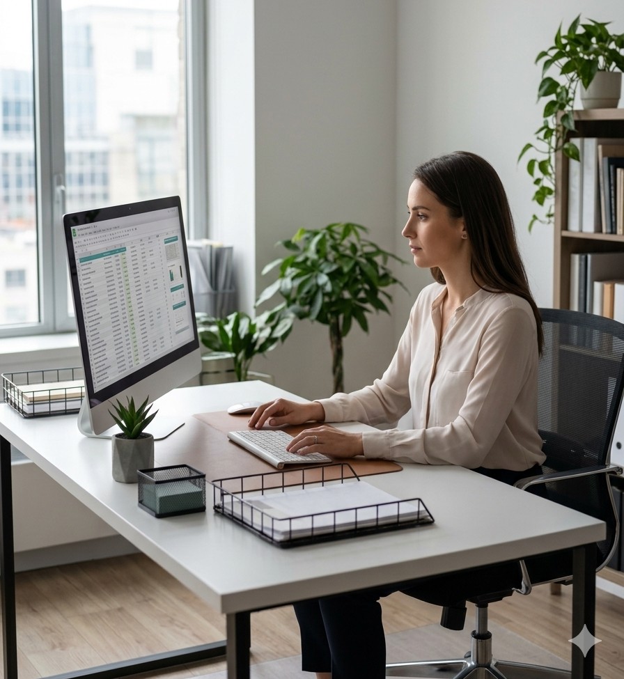 A secretary working at a tidy office desk with a spreadsheet on screen